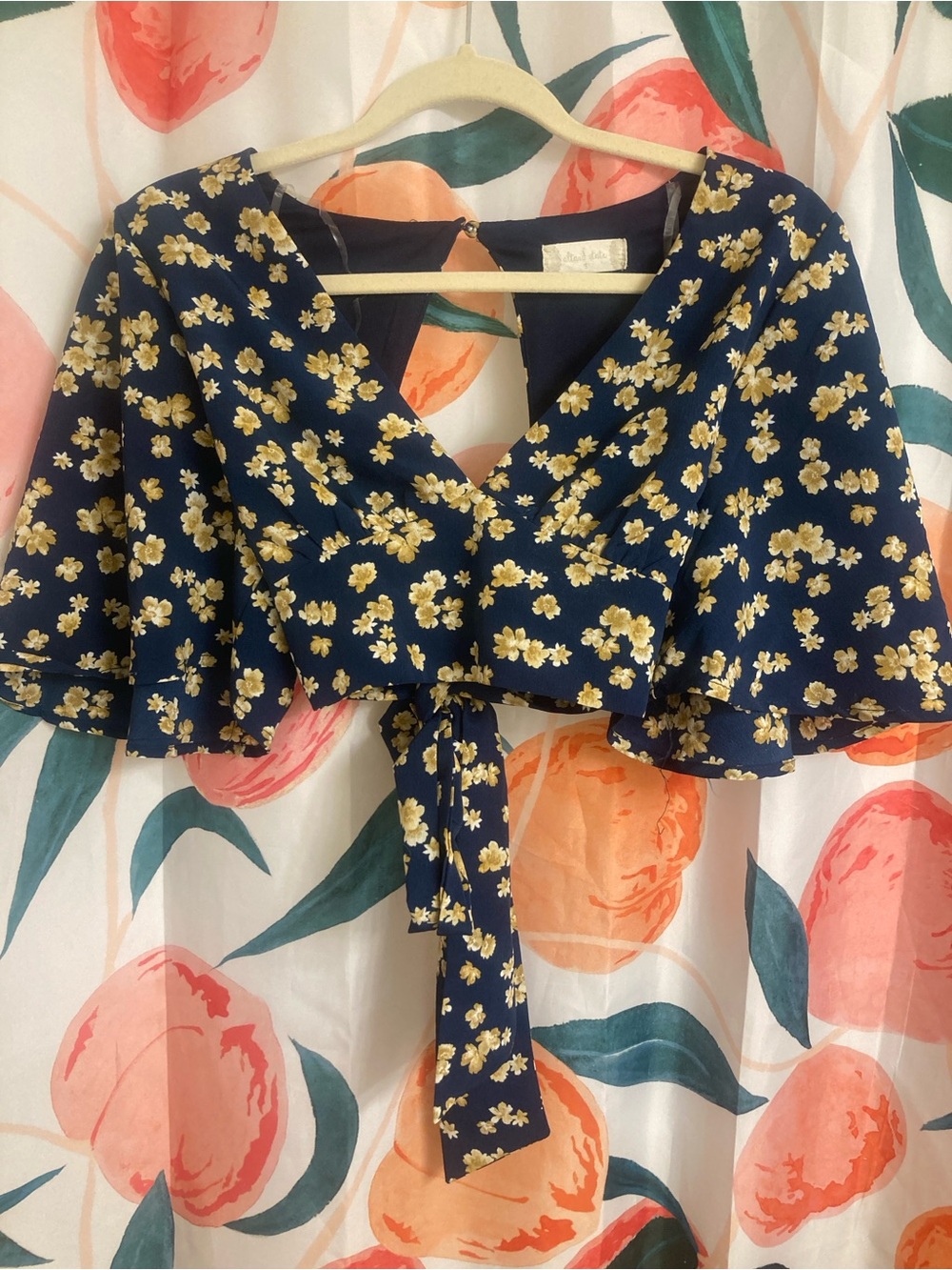 Altar'd State Navy Tie-Front Crop Top with Yellow Floral Print